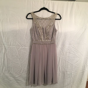 Sue Wong Gray Silver Beaded Cocktail Dress